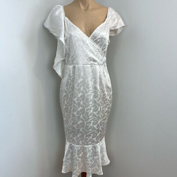 Pretty Darling Size 8 White Floral Detail Drape Jaquard Midi Bridal Dress Event - Picture 13 of 15